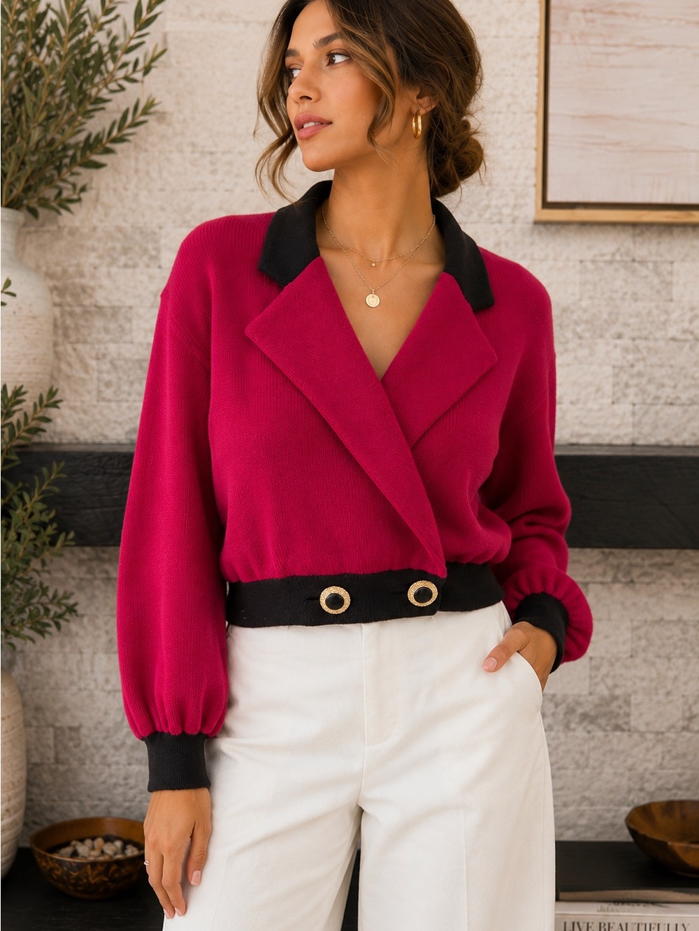 St. John Marie Gray Cropped Sweater Jacket Pink Black Gold Buttons S